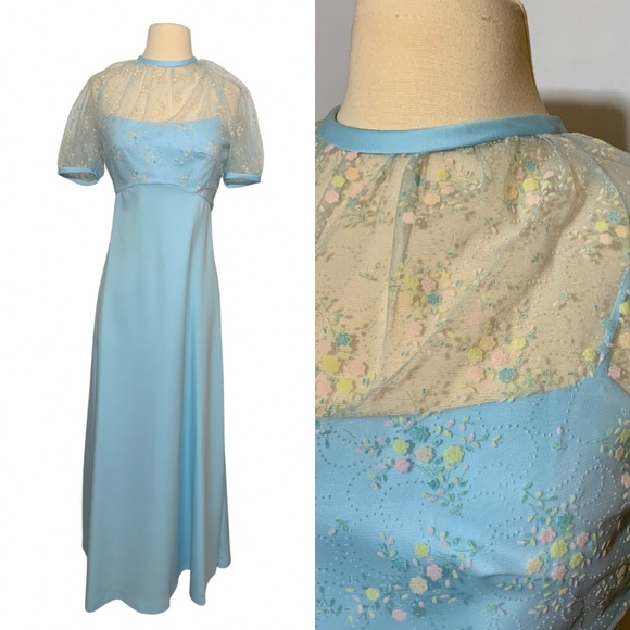 Vintage Dresses & Skirts - Vintage 1950’s/60’s Baby Blue Sheer Floral Lace Embroidered Overlay Prom Dress